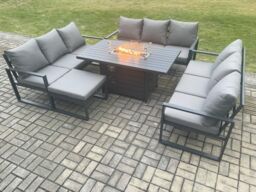 Fimous Aluminium 10 Seater Garden Furniture Outdoor Set Patio Lounge Sofa Gas Fire Pit Dining Table Set with Big Footstool Dark Grey - thumbnail 2