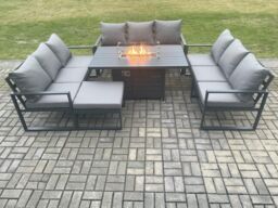 Fimous Aluminium 10 Seater Garden Furniture Outdoor Set Patio Lounge Sofa Gas Fire Pit Dining Table Set with Big Footstool Dark Grey - thumbnail 1