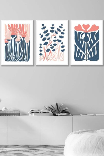 ARTZE Set of 3 White Framed Boho Abstract Blue & Pink Floral Wall Art in Navy - Size: W33 cm x H45 cm x D20mm - image 1