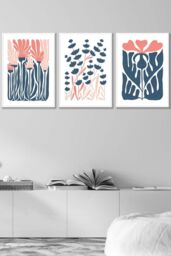 ARTZE Set of 3 White Framed Boho Abstract Blue & Pink Floral Wall Art in Navy - Size: W33 cm x H45 cm x D20mm - thumbnail 1