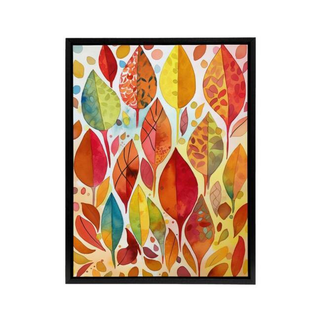 "Artery8 Autumn Leaves With Folk Art Patterns Framed Canvas Wall Art Print in Red - Size: W12"" x H16""" - image 1