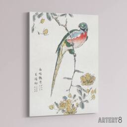 "Artery8 Macaw Parrot & Peach Flowers Canvas Wall Art Print Numata Kashu - Size: W18"" x H24""" - thumbnail 2