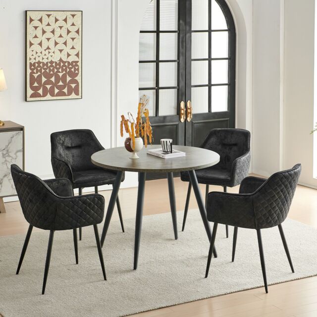 SONARA Grey Marble Round Dining Table with 4 Faux Suede Dining Chairs Set in Black - image 1