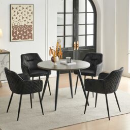 SONARA Grey Marble Round Dining Table with 4 Faux Suede Dining Chairs Set in Black - thumbnail 1