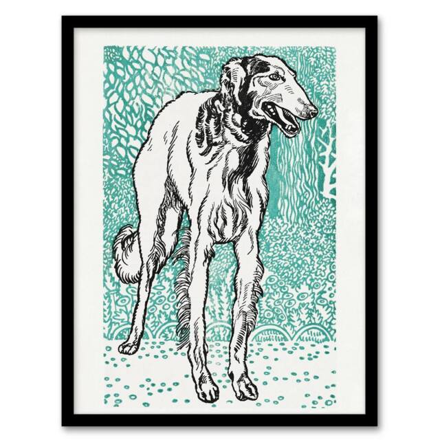 Artery8 Long Haired Greyhound Russian Wolfhound Dog Jung Framed Wall Art Print in Blue - Size: A4 - image 1
