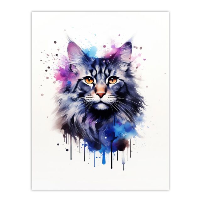 "Artery8 Wall Art Print Maine Coon Cat Lovers Gift Watercolour Pet Portrait Painting Artwork Poster - Size: W24"" x H32""" - image 1
