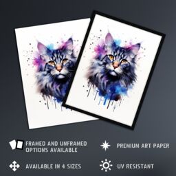 "Artery8 Wall Art Print Maine Coon Cat Lovers Gift Watercolour Pet Portrait Painting Artwork Poster - Size: W24"" x H32""" - thumbnail 2