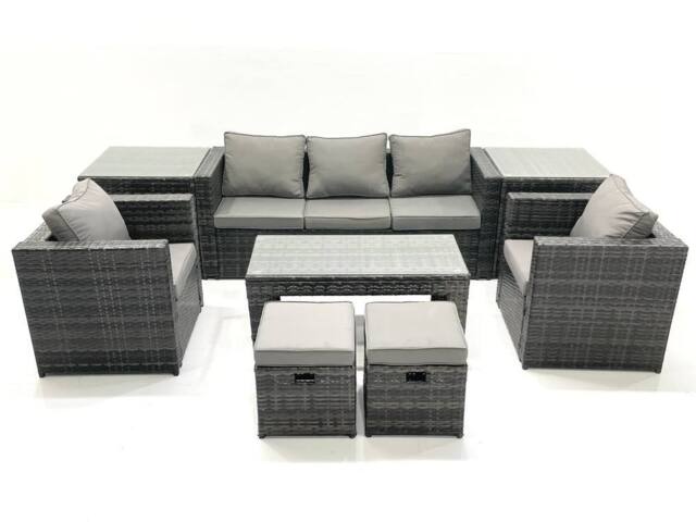 Fimous Rattan Garden Furniture Set Outdoor Lounger Sofa with Coffee Table 2 Armchair 2 Small Footstools 2 Side Tables Dark Grey Mixed - image 1