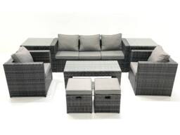 Fimous Rattan Garden Furniture Set Outdoor Lounger Sofa with Coffee Table 2 Armchair 2 Small Footstools 2 Side Tables Dark Grey Mixed - thumbnail 1