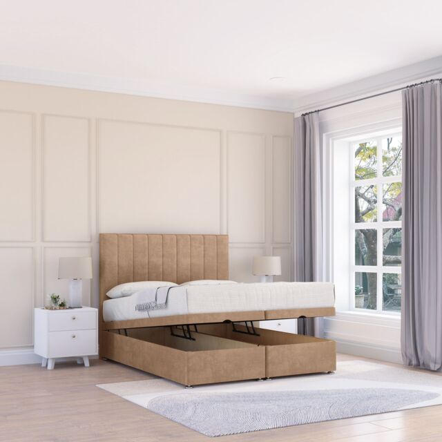 Sloomy Kansas Naples Fabric Ottoman Bed End Opening With Sprung Memory Mattress & 26 Inch strut Headboard in Light Sand - Size: King - image 1