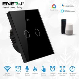 ENER-J Smart Touch 2 Gang WiFi Wall Switch No Neutral Required Black in White - thumbnail 3