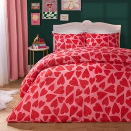 OHS Heart Duvet Cover Quilt Pillowcase Microfibre Valentines Bedding Set in Red - Size: King