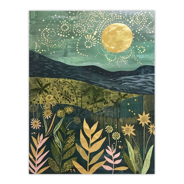 "Artery8 Full Moon Floral Landscape Folk Art Painting Wall Art Print in Blue - Size: W18"" x H24""" - image 1