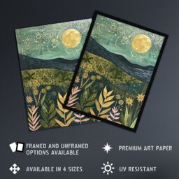 "Artery8 Full Moon Floral Landscape Folk Art Painting Wall Art Print in Blue - Size: W18"" x H24""" - thumbnail 2