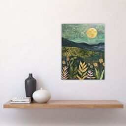 "Artery8 Full Moon Floral Landscape Folk Art Painting Wall Art Print in Blue - Size: W18"" x H24""" - thumbnail 4