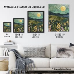 "Artery8 Full Moon Floral Landscape Folk Art Painting Wall Art Print in Blue - Size: W18"" x H24""" - thumbnail 3
