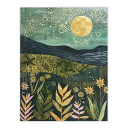 "Artery8 Full Moon Floral Landscape Folk Art Painting Wall Art Print in Blue - Size: W18"" x H24""" - thumbnail 1
