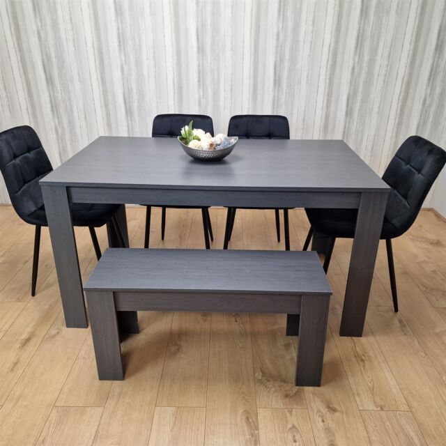 KOSY KOALA Dining Table & 4 Chairs With Bench Black Dark Grey 4 Velvet Chairs Wooden Bench Wood Dining Set Furniture in Brown - image 1