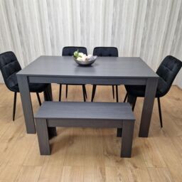 KOSY KOALA Dining Table & 4 Chairs With Bench Black Dark Grey 4 Velvet Chairs Wooden Bench Wood Dining Set Furniture in Brown - thumbnail 1
