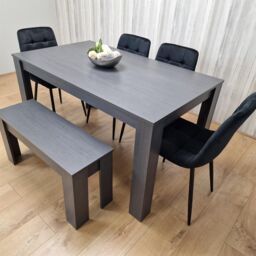 KOSY KOALA Dining Table & 4 Chairs With Bench Black Dark Grey 4 Velvet Chairs Wooden Bench Wood Dining Set Furniture in Brown - thumbnail 2