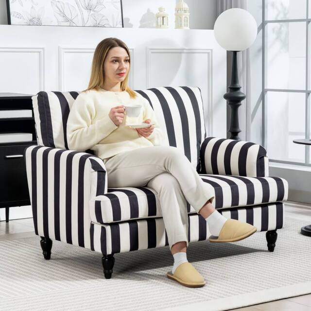 HOMCOM Cuddle Chair with Stripe, Armchair for Living Room, Black & White - image 1