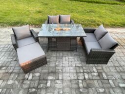 Fimous Rattan Outdoor Garden Furniture Gas Fire Pit Table Sets Gas Heater with Double Seat Sofa Armchair Big Footstool 6 Seater in Dark Grey - thumbnail 1