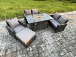 Fimous Rattan Outdoor Garden Furniture Gas Fire Pit Table Sets Gas Heater with Double Seat Sofa Armchair Big Footstool 6 Seater in Dark Grey - thumbnail 2