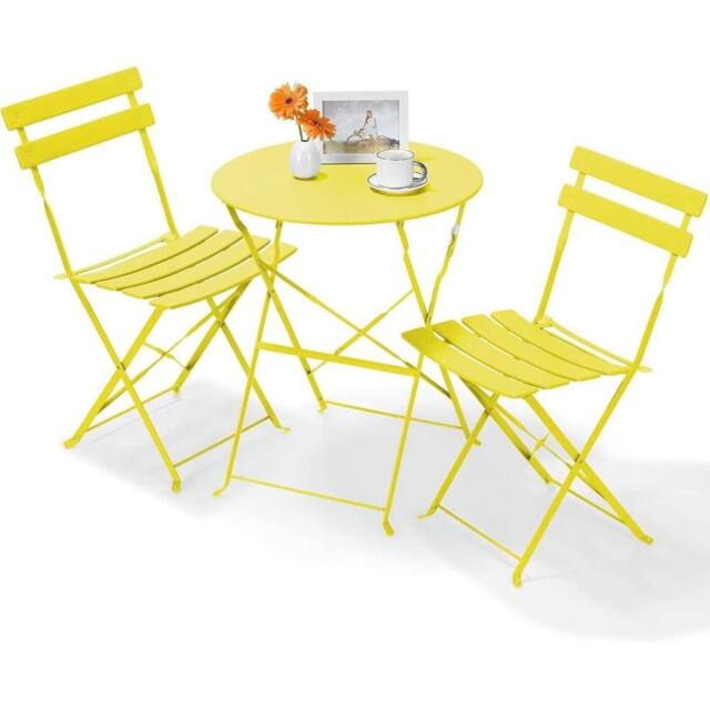 PAWNORA Beige & yellow 3pc Bistro Set Folding Table Chairs Patio - image 1