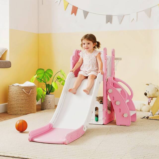 AIYAPLAY 5 in 1 Kids Slide Set with Basketball Hoop in Pink - image 1