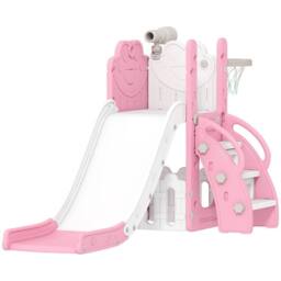 AIYAPLAY 5 in 1 Kids Slide Set with Basketball Hoop in Pink - thumbnail 2