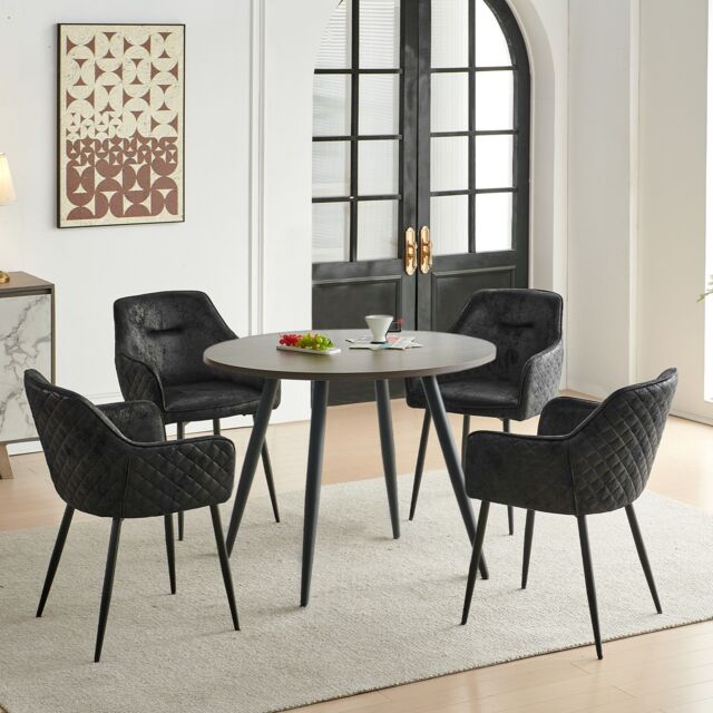 SONARA Dark Walnut Round Dining Table with 4 Faux Suede Dining Chairs Set in Black - image 1