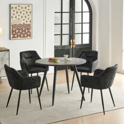 SONARA Dark Walnut Round Dining Table with 4 Faux Suede Dining Chairs Set in Black - thumbnail 1