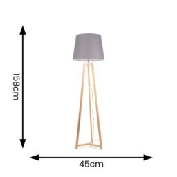 ValueLights Lottie Natural Wood Tripod Floor Lamp with Fabric Tapered Shade & LED Bulb in Grey - thumbnail 4