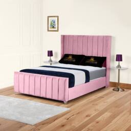 UK Bed Furniture Empire Winged Gas Lift Ottoman Upholstered Bed with 48 Inch Headboard in Pink - Size: Double
