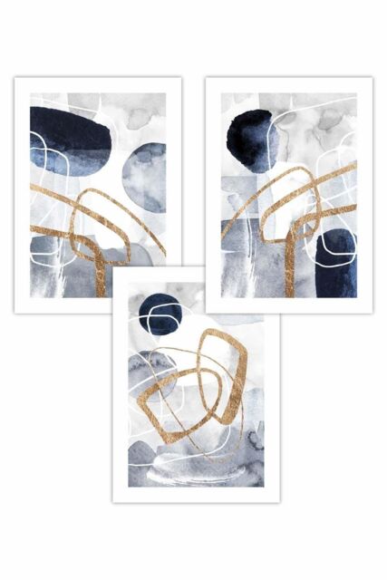 ARTZE Set of 3 Abstract Navy Blue & Gold Watercolour Shapes Art Posters - Size: W50 cm x H70 cm - image 1