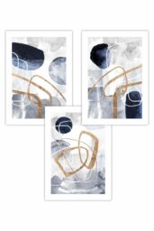 ARTZE Set of 3 Abstract Navy Blue & Gold Watercolour Shapes Art Posters - Size: W50 cm x H70 cm - thumbnail 1