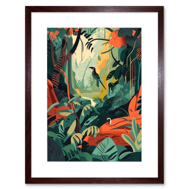 "Artery8 Wall Art Print Amazon Rainforest Diverse Flora & Tropical Birds Artwork Framed 9X7 Inch in Brown - Size: W7"" x H9""" - image 1