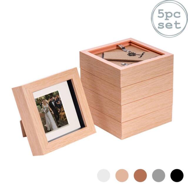 "Nicola Spring 3D Box Photo Frames - 4 x 4"" with 2 x 2"" Mount - Black Mount - Pack of 5 in Light Brown" - image 1