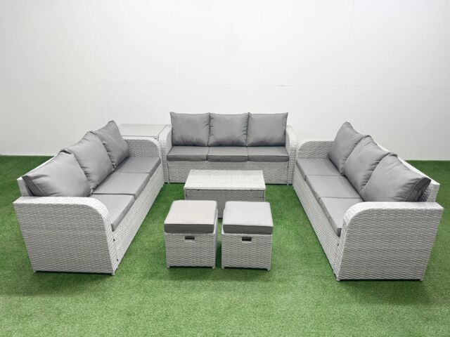 Fimous PE Rattan Lounge Sofa Set 11 Seater Outdoor Garden Furniture Set with Rectangular Coffee Table 3 Seater Sofa 2 Stools Side Table Light Grey - image 1