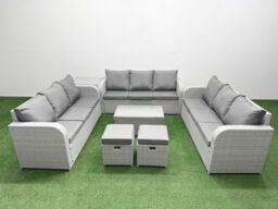 Fimous PE Rattan Lounge Sofa Set 11 Seater Outdoor Garden Furniture Set with Rectangular Coffee Table 3 Seater Sofa 2 Stools Side Table Light Grey - thumbnail 1