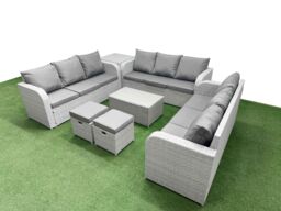 Fimous PE Rattan Lounge Sofa Set 11 Seater Outdoor Garden Furniture Set with Rectangular Coffee Table 3 Seater Sofa 2 Stools Side Table Light Grey - thumbnail 2