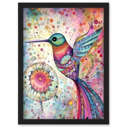 Artery8 Hummingbird With Mandala Patterns Colourful Folk Art Watercolour Painting Artwork Framed Wall Art Print A4 in Black - thumbnail 1