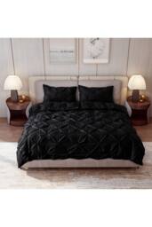 Living and Home Textured Pinch Pleat Duvet Cover Set 3 Pcs with Pillowcases in Black - Size: Super King - thumbnail 1