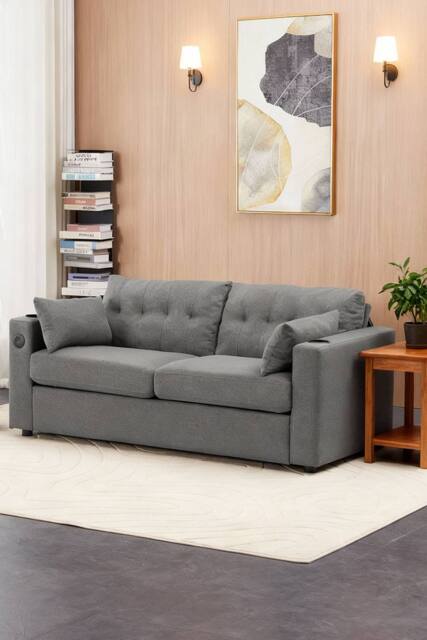 Living and Home 2 Seater Sofa Bed with Cup Holders and Pillows in Grey - image 1