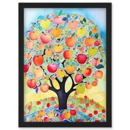 Artery8 Apple Tree Fruit Harvest Day Folk Art Bright Watercolour Painting Artwork Framed Wall Art Print A4 in Black - thumbnail 1