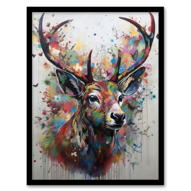 Artery8 The Butterfly Stag Soft Pastel Colours Deer Ink Framed Wall Art Print - Size: A4 - image 1