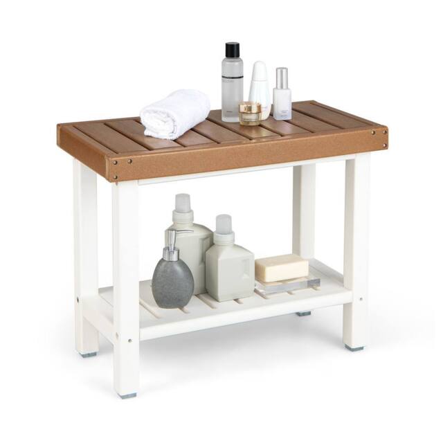 Gymax Shower Bench Shower Stool Spa Seat With Storage Shelf For Bathroom in Brown - image 1