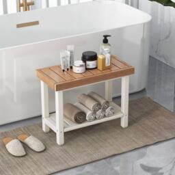 Gymax Shower Bench Shower Stool Spa Seat With Storage Shelf For Bathroom in Brown - thumbnail 9