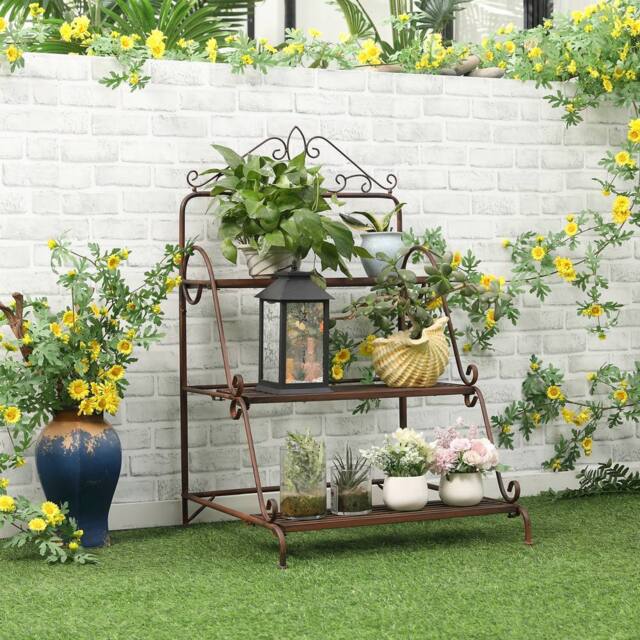 OUTSUNNY 3 Tier Metal Plant Stand, Flower Pot Display Shelf Indoor & Outdoor in Brown - image 1