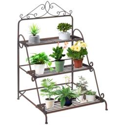 OUTSUNNY 3 Tier Metal Plant Stand, Flower Pot Display Shelf Indoor & Outdoor in Brown - thumbnail 2
